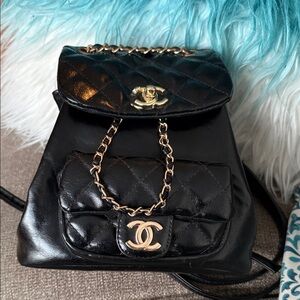 Quilted Black Backpack with Gold Details